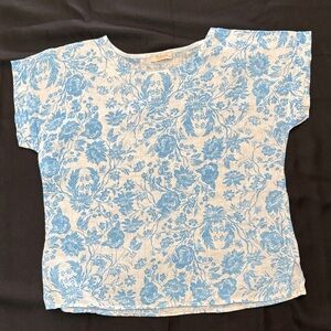 Chic Blue Floral Women's Blouse 100%Linen